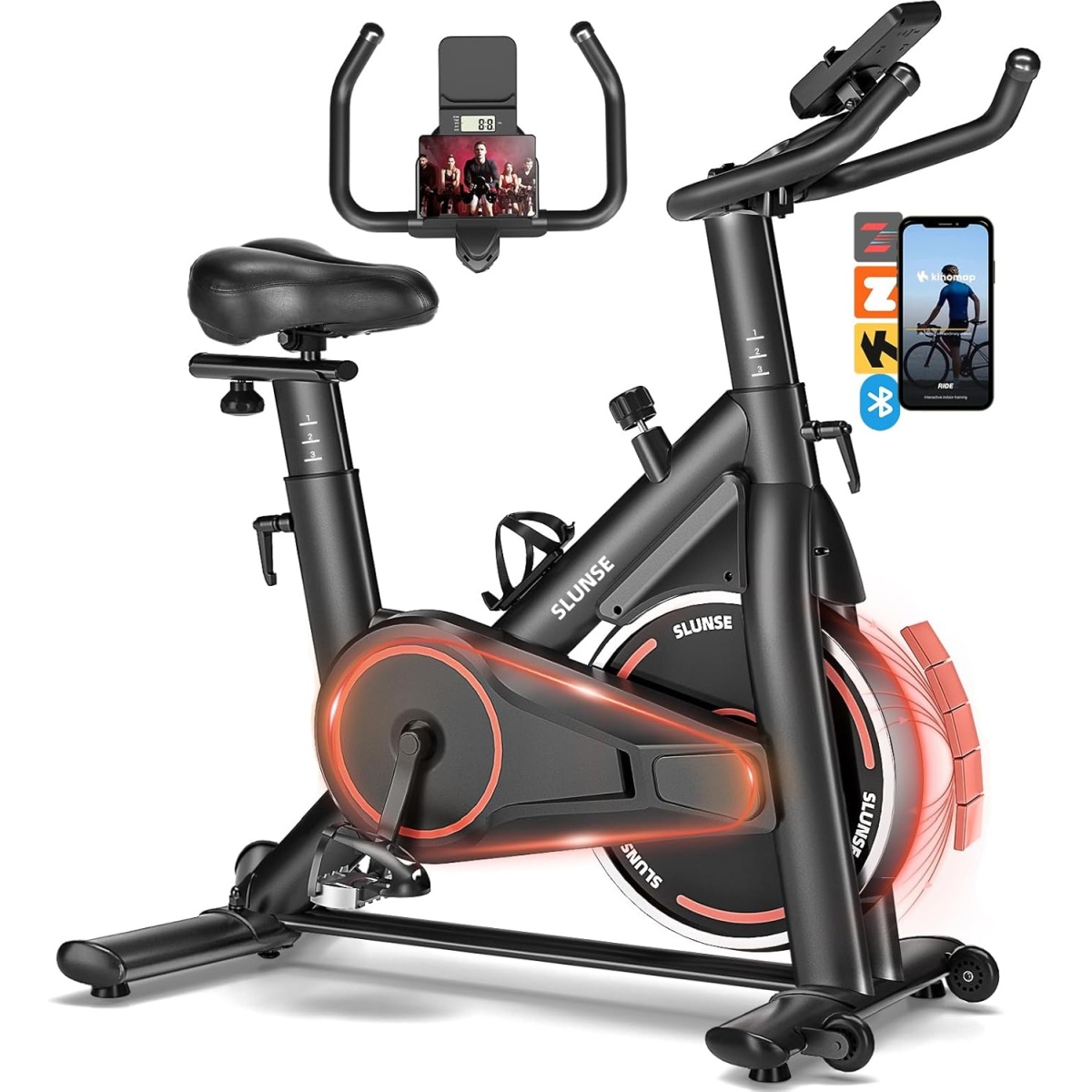 SLUNSE Exercise Bike, Adjustable Magnetic Resistance Stationary Bike, Indoor Cycling Bike Compatible with Kinomap, Comfortable Seat Cushion, iPad Holder, LCD Monitor for Home Workout